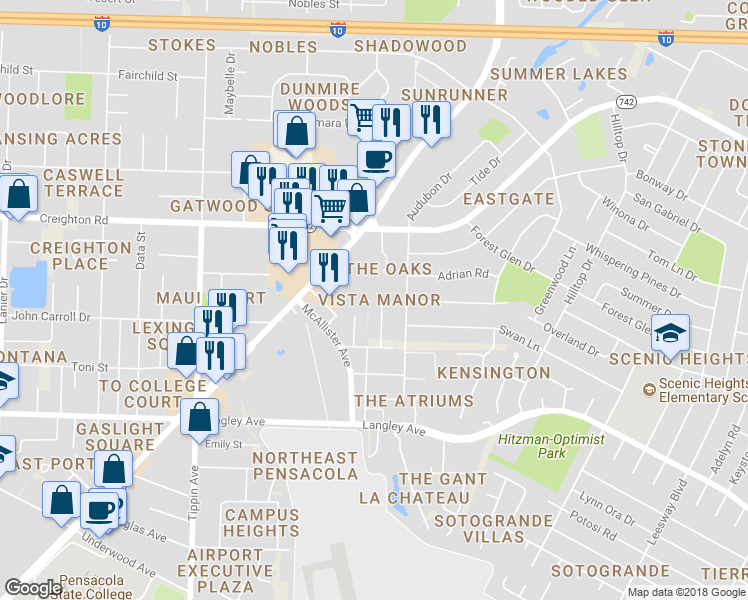 map of restaurants, bars, coffee shops, grocery stores, and more near 5859 Penny Avenue in Pensacola