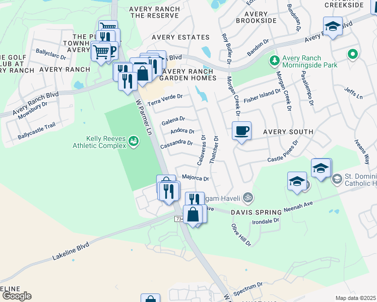 map of restaurants, bars, coffee shops, grocery stores, and more near 10009 Lachlan Drive in Austin