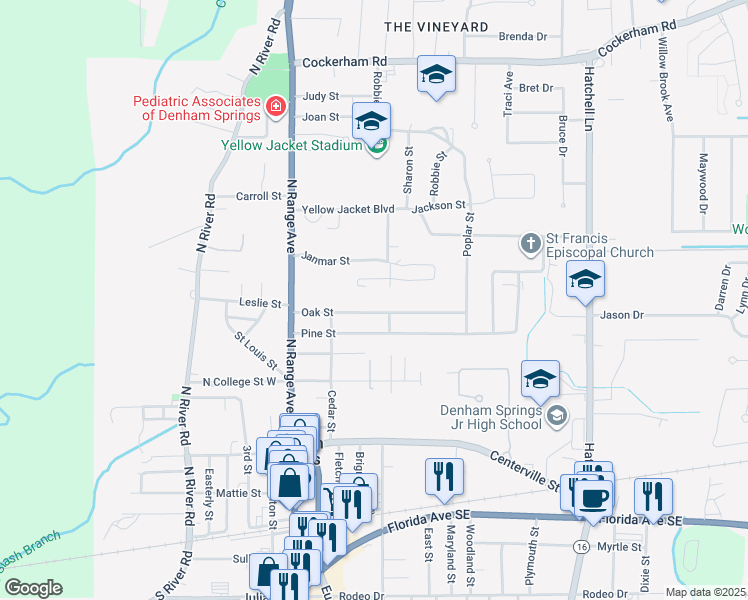 map of restaurants, bars, coffee shops, grocery stores, and more near 240 Oak Street in Denham Springs