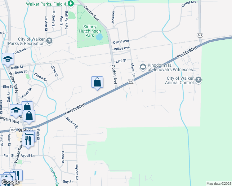 map of restaurants, bars, coffee shops, grocery stores, and more near 10624 Florida Boulevard in Walker