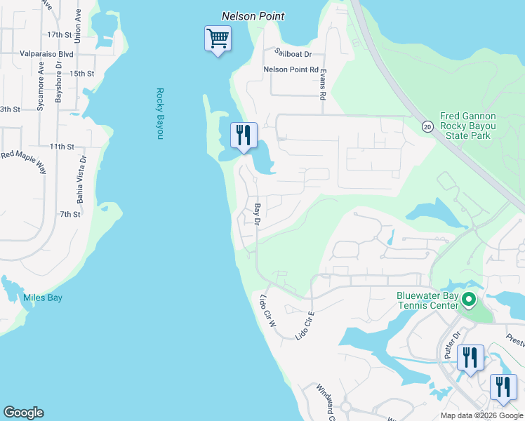 map of restaurants, bars, coffee shops, grocery stores, and more near 4178 Whitetail Circle in Niceville
