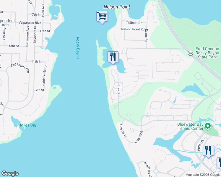 map of restaurants, bars, coffee shops, grocery stores, and more near 30 Marina Cove Drive in Niceville