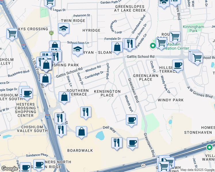 map of restaurants, bars, coffee shops, grocery stores, and more near 2005 Lancaster Gate Drive in Round Rock