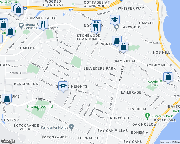 map of restaurants, bars, coffee shops, grocery stores, and more near 4169 Danamar Drive in Pensacola
