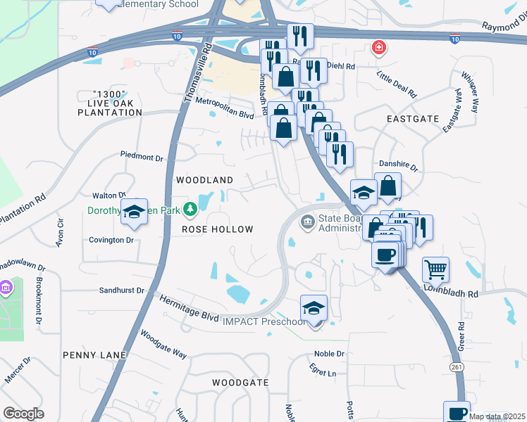 map of restaurants, bars, coffee shops, grocery stores, and more near 1800 Hermitage Boulevard in Tallahassee