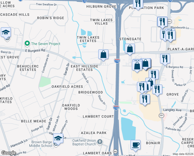 map of restaurants, bars, coffee shops, grocery stores, and more near 440 Shiloh Drive in Pensacola