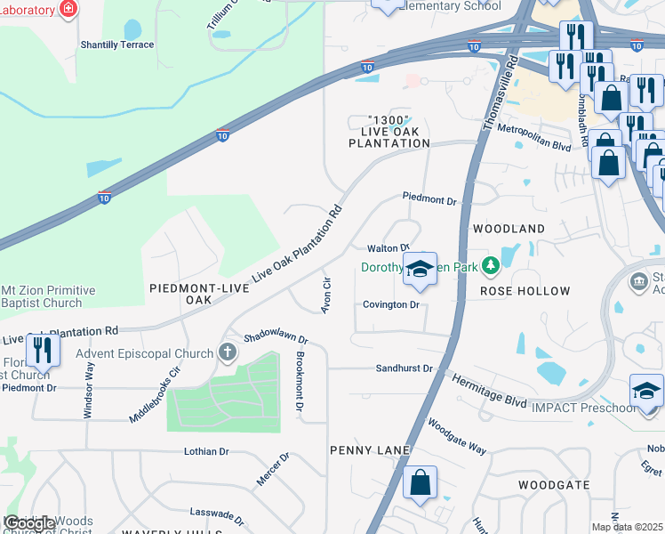 map of restaurants, bars, coffee shops, grocery stores, and more near 1101 Piedmont Drive in Tallahassee