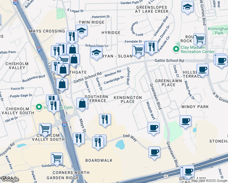 map of restaurants, bars, coffee shops, grocery stores, and more near 607 Greenwich Place in Round Rock