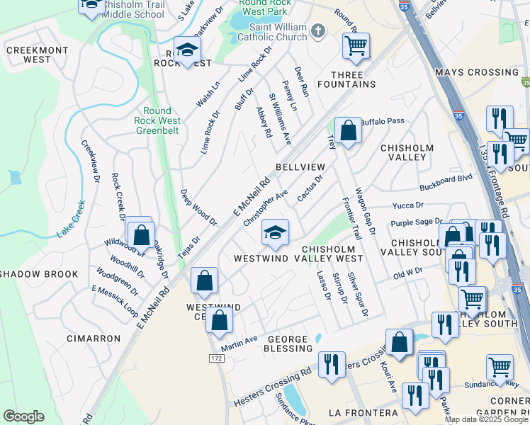 map of restaurants, bars, coffee shops, grocery stores, and more near 2010 Laura Court in Round Rock