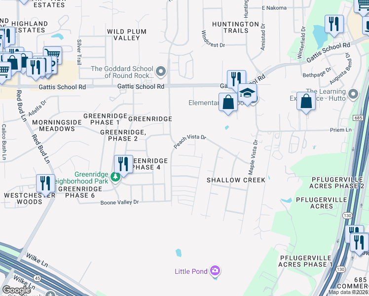 map of restaurants, bars, coffee shops, grocery stores, and more near 716 Carillion Drive in Pflugerville