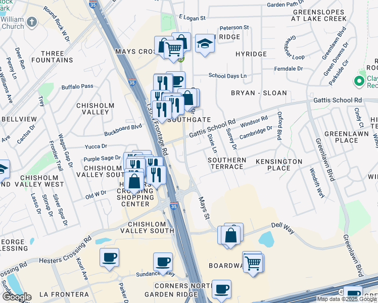 map of restaurants, bars, coffee shops, grocery stores, and more near in Round Rock