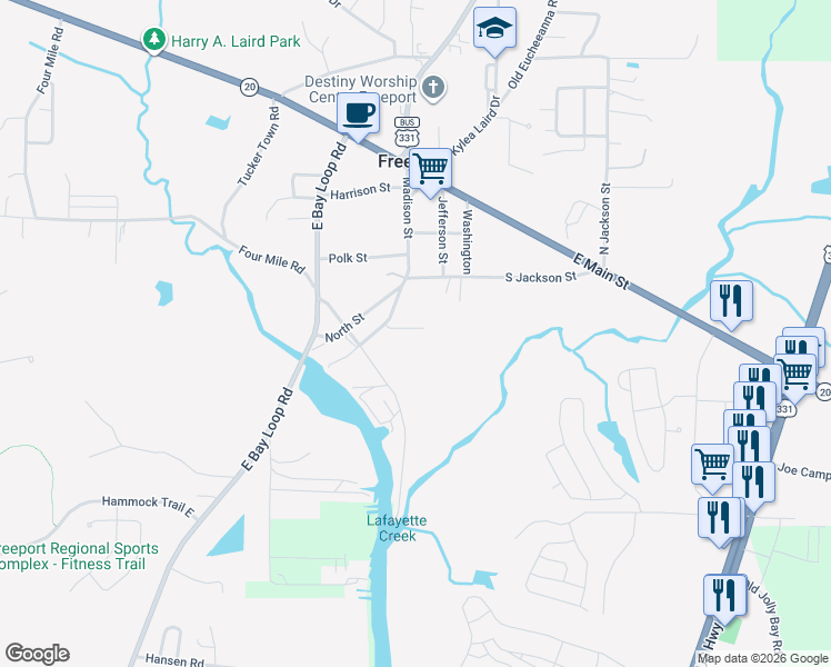 map of restaurants, bars, coffee shops, grocery stores, and more near 381 Madison Street in Freeport