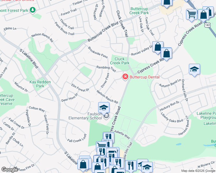 map of restaurants, bars, coffee shops, grocery stores, and more near 1102 Ravens Cove in Cedar Park