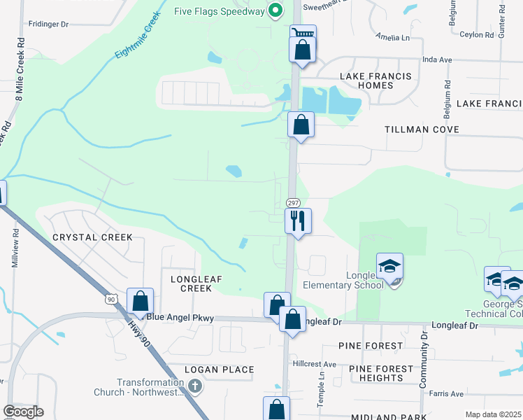 map of restaurants, bars, coffee shops, grocery stores, and more near 7045 Pine Forest Road in Pensacola