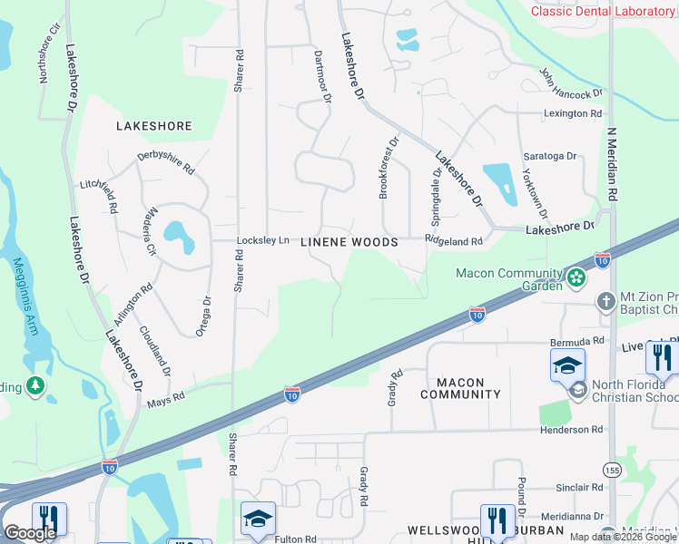 map of restaurants, bars, coffee shops, grocery stores, and more near 2849 Green Forest Lane in Tallahassee