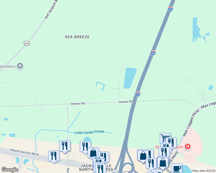 map of restaurants, bars, coffee shops, grocery stores, and more near 14198 Sharon Owens Road in Jacksonville