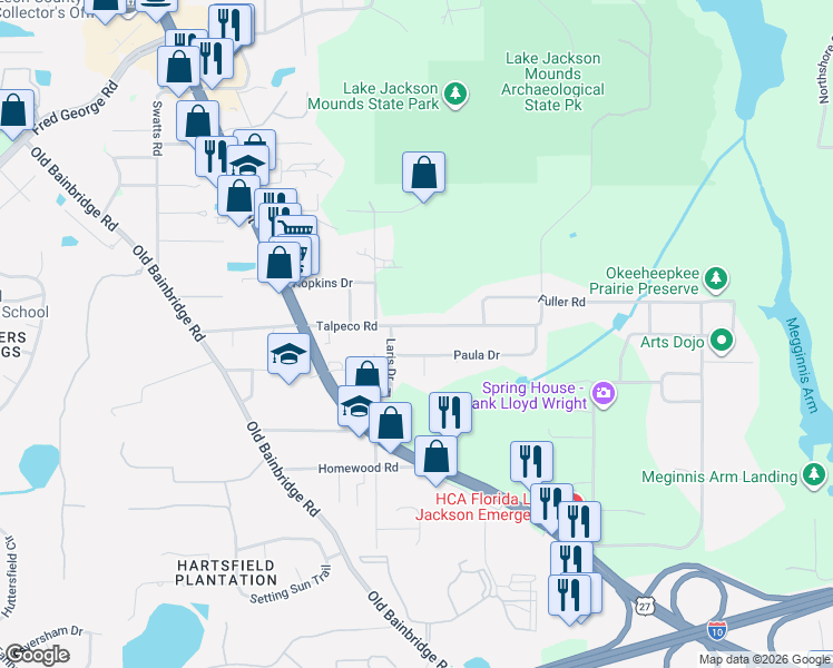 map of restaurants, bars, coffee shops, grocery stores, and more near 1716 Paula Drive in Tallahassee