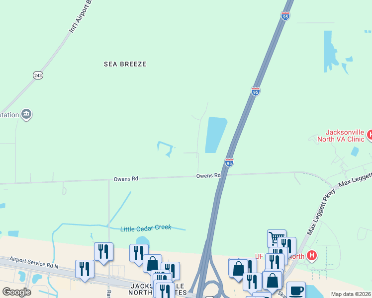 map of restaurants, bars, coffee shops, grocery stores, and more near 14198 Sharon Owens Road in Jacksonville