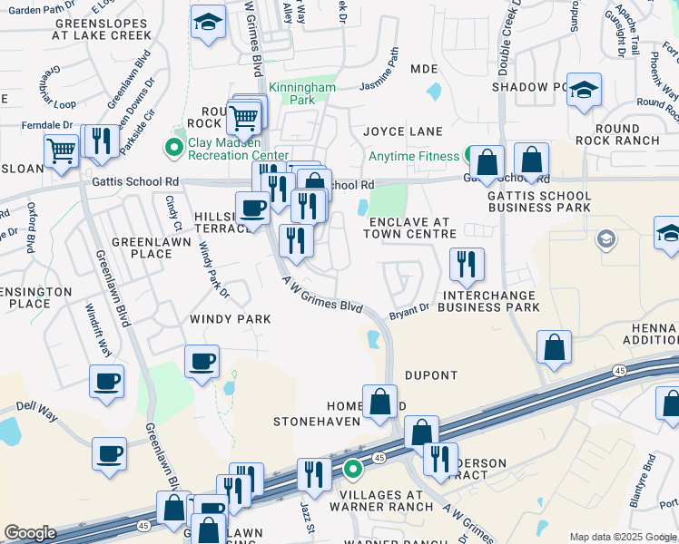 map of restaurants, bars, coffee shops, grocery stores, and more near 2111 A.W. Grimes Boulevard in Round Rock