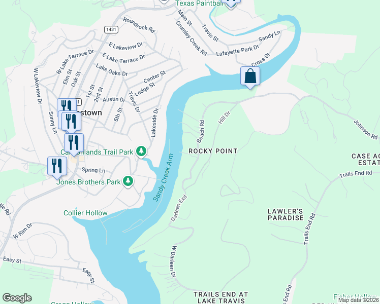 map of restaurants, bars, coffee shops, grocery stores, and more near 10902 Beach Road in Leander