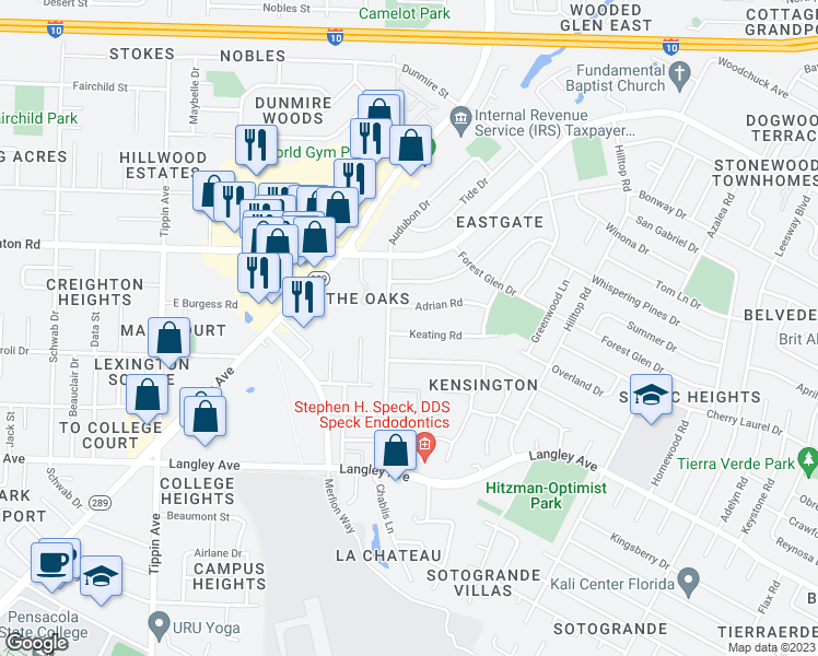 map of restaurants, bars, coffee shops, grocery stores, and more near 3220 Keating Road in Pensacola