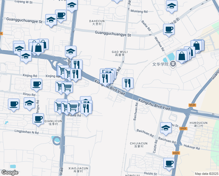 map of restaurants, bars, coffee shops, grocery stores, and more near Jia Yuan Lu in Wu Han Shi