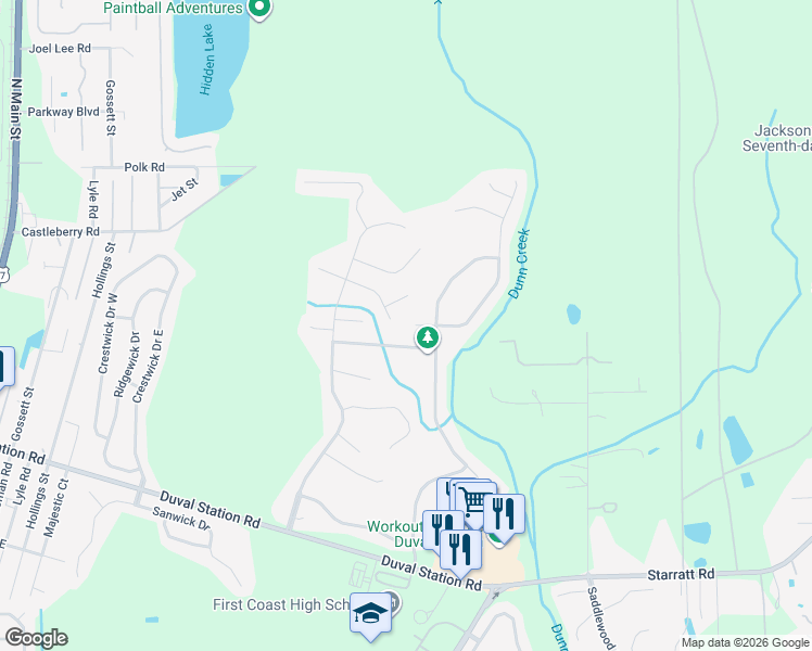 map of restaurants, bars, coffee shops, grocery stores, and more near 593 Summer Breeze Drive in Jacksonville