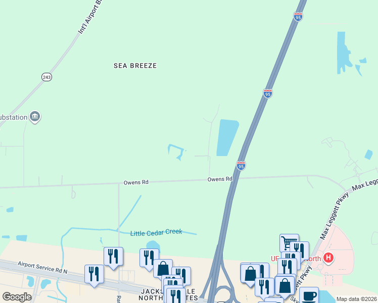 map of restaurants, bars, coffee shops, grocery stores, and more near 14198 Sharon Owens Road in Jacksonville