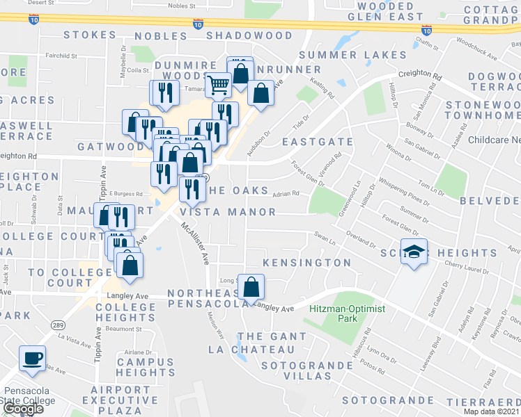 map of restaurants, bars, coffee shops, grocery stores, and more near 3205 Keating Road in Pensacola