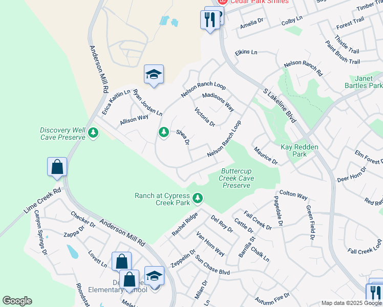 map of restaurants, bars, coffee shops, grocery stores, and more near 1826 Nelson Ranch Loop in Cedar Park
