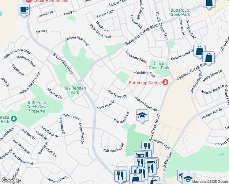 map of restaurants, bars, coffee shops, grocery stores, and more near 1215 Elm Forest Drive in Cedar Park