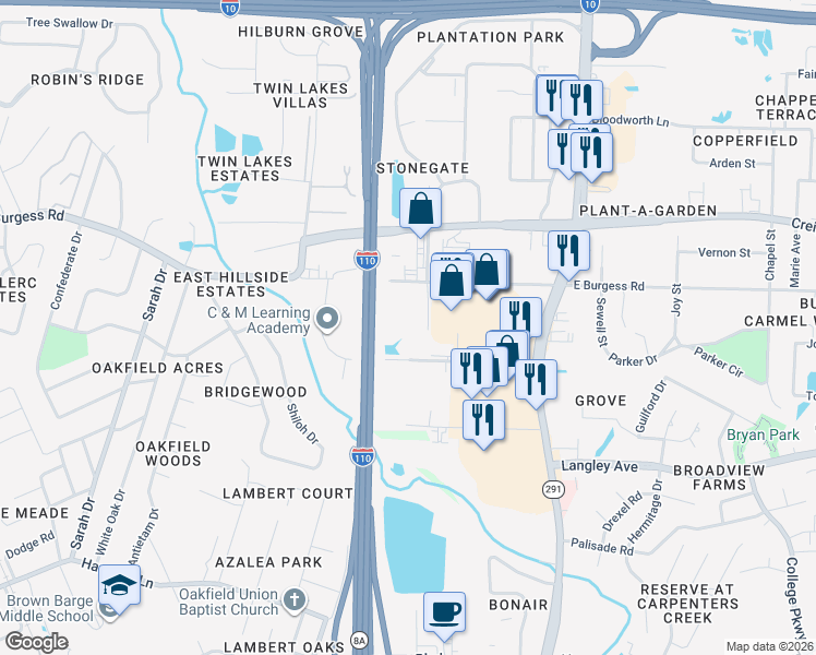 map of restaurants, bars, coffee shops, grocery stores, and more near 400 Schubert Drive in Pensacola