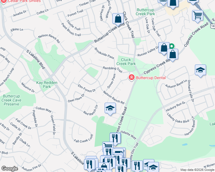 map of restaurants, bars, coffee shops, grocery stores, and more near 1102 Dover Pass in Cedar Park
