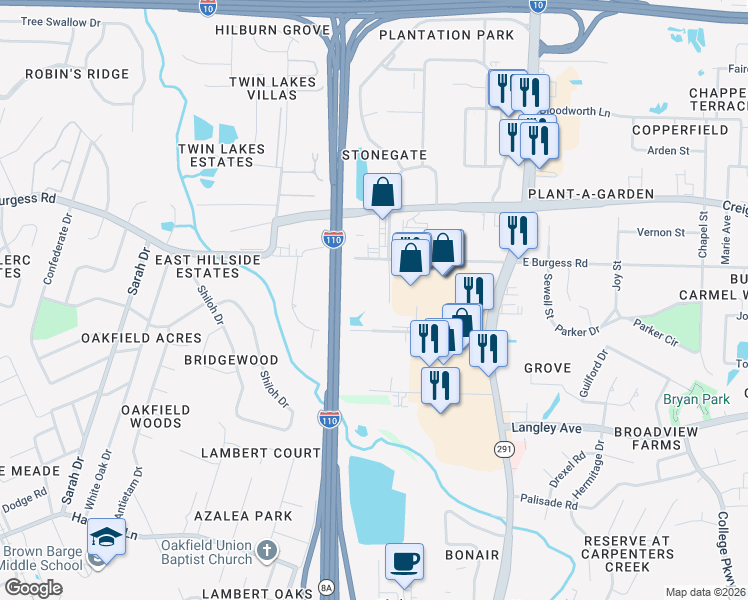 map of restaurants, bars, coffee shops, grocery stores, and more near 601 East Burgess Road in Pensacola