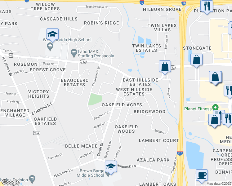 map of restaurants, bars, coffee shops, grocery stores, and more near 6201 Sarah Drive in Pensacola