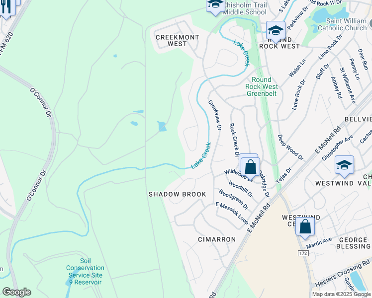 map of restaurants, bars, coffee shops, grocery stores, and more near 1911 West Creek Loop in Round Rock