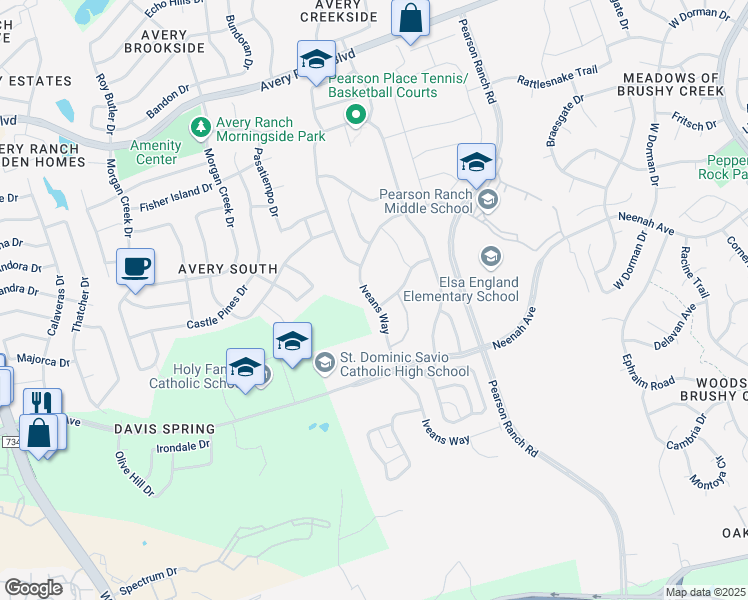 map of restaurants, bars, coffee shops, grocery stores, and more near Iveans Way in Austin