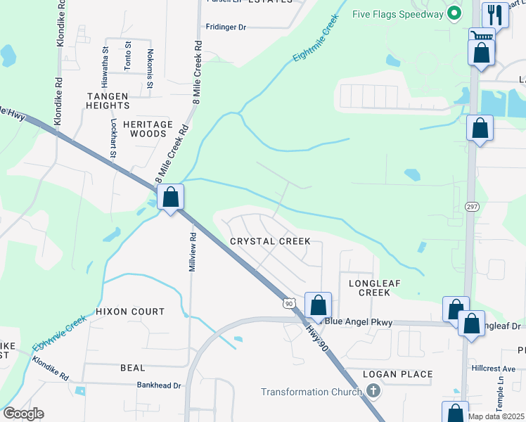 map of restaurants, bars, coffee shops, grocery stores, and more near 7152 Tannehill Drive in Pensacola