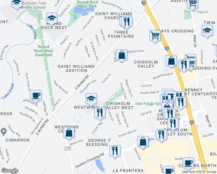 map of restaurants, bars, coffee shops, grocery stores, and more near 815 Pack Saddle Pass in Round Rock