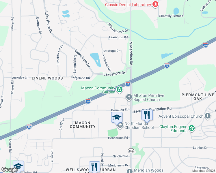 map of restaurants, bars, coffee shops, grocery stores, and more near 312 Macon Road in Tallahassee