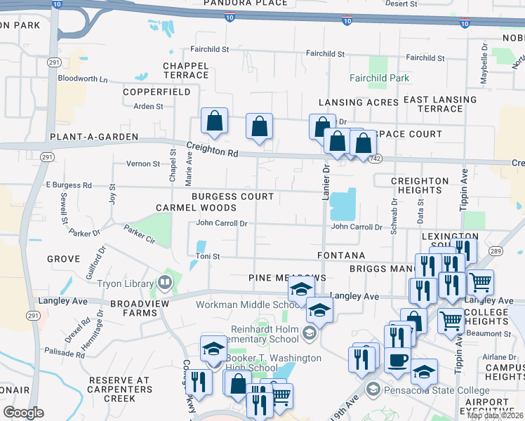 map of restaurants, bars, coffee shops, grocery stores, and more near 1503 John Carroll Drive in Pensacola