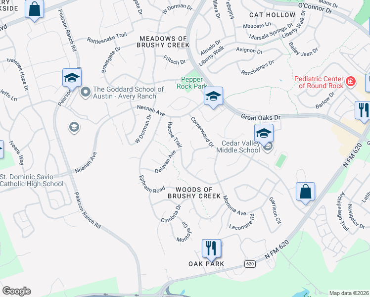 map of restaurants, bars, coffee shops, grocery stores, and more near 8415 Racine Trail in Austin