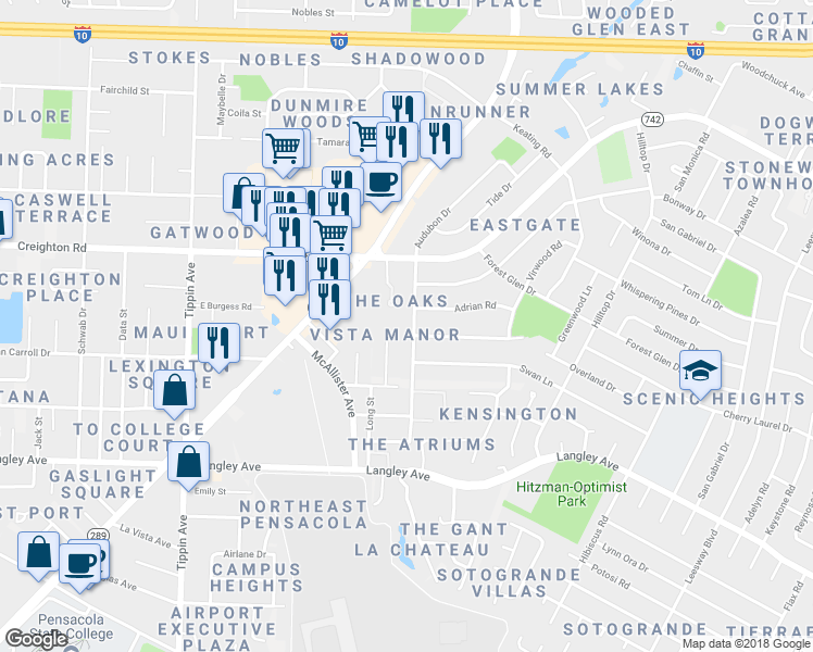 map of restaurants, bars, coffee shops, grocery stores, and more near 6031 Audubon Drive in Pensacola