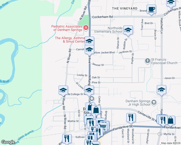 map of restaurants, bars, coffee shops, grocery stores, and more near 119 Oak Street in Denham Springs
