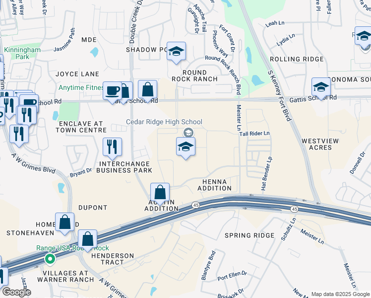 map of restaurants, bars, coffee shops, grocery stores, and more near 2801 Gattis School Road in Round Rock