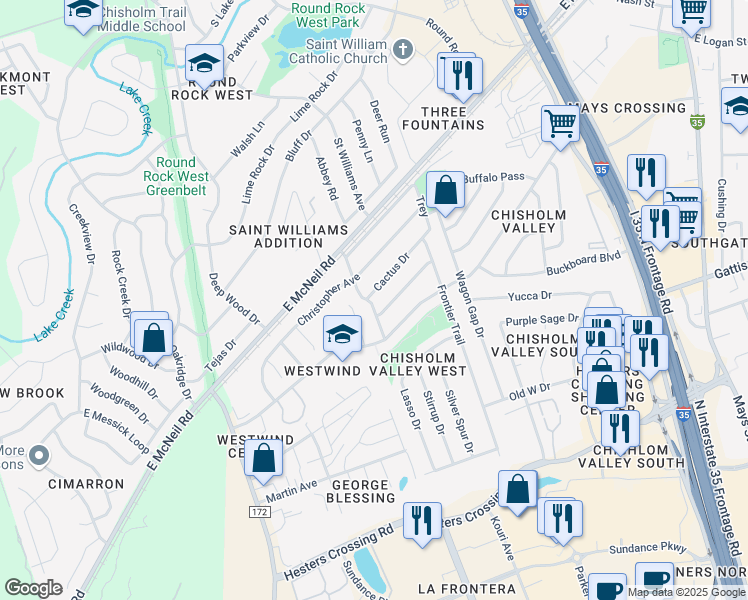 map of restaurants, bars, coffee shops, grocery stores, and more near 1713 Tamra Court in Round Rock