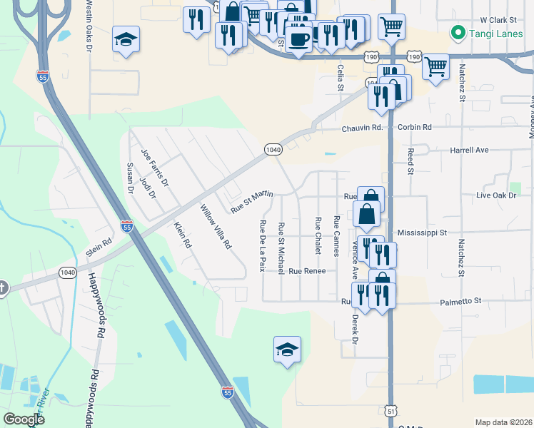 map of restaurants, bars, coffee shops, grocery stores, and more near 730 Rue De La Paix in Hammond