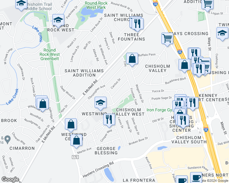 map of restaurants, bars, coffee shops, grocery stores, and more near 818 Pack Saddle Pass in Round Rock