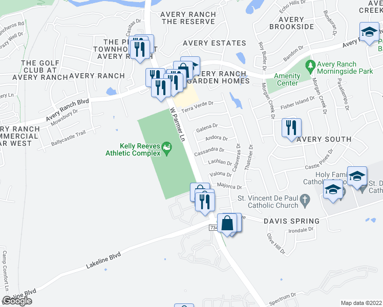 map of restaurants, bars, coffee shops, grocery stores, and more near 9809 West Parmer Lane in Austin
