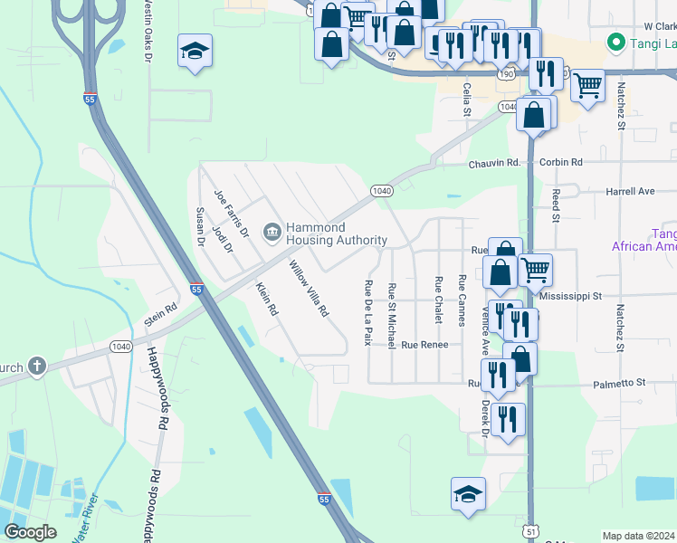 map of restaurants, bars, coffee shops, grocery stores, and more near 2700 Rue Saint Martin in Hammond